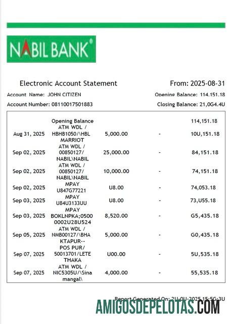 Extrato de conta eletrônico do Nepal Nabil Bank para download, modelo Word e PDF